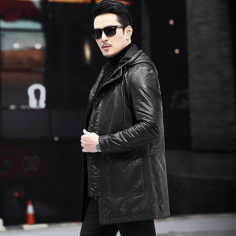 Men's Hooded Trench Coat-Genuine Leather Ai Dun