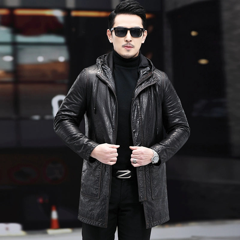Men's Hooded Trench Coat-Genuine Leather Ai Dun