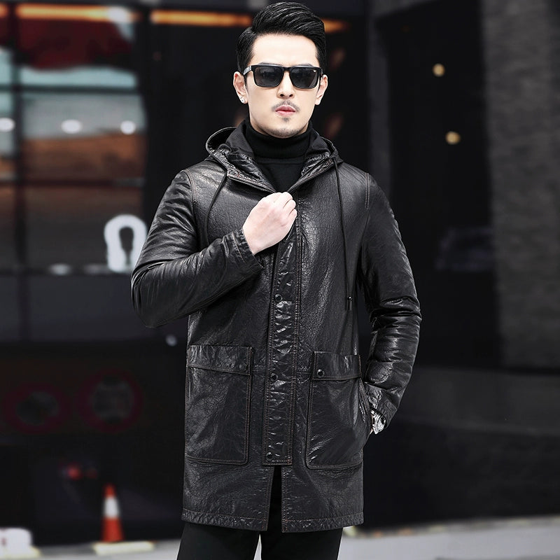 Men's Hooded Trench Coat-Genuine Leather Ai Dun
