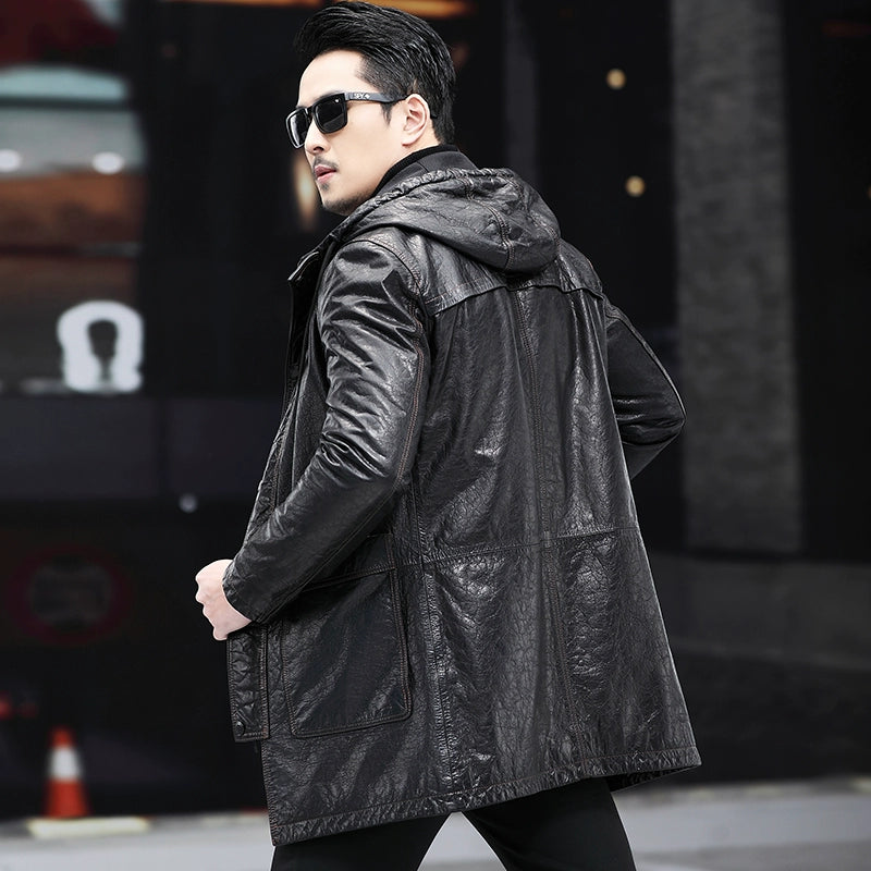 Men's Hooded Trench Coat-Genuine Leather Ai Dun