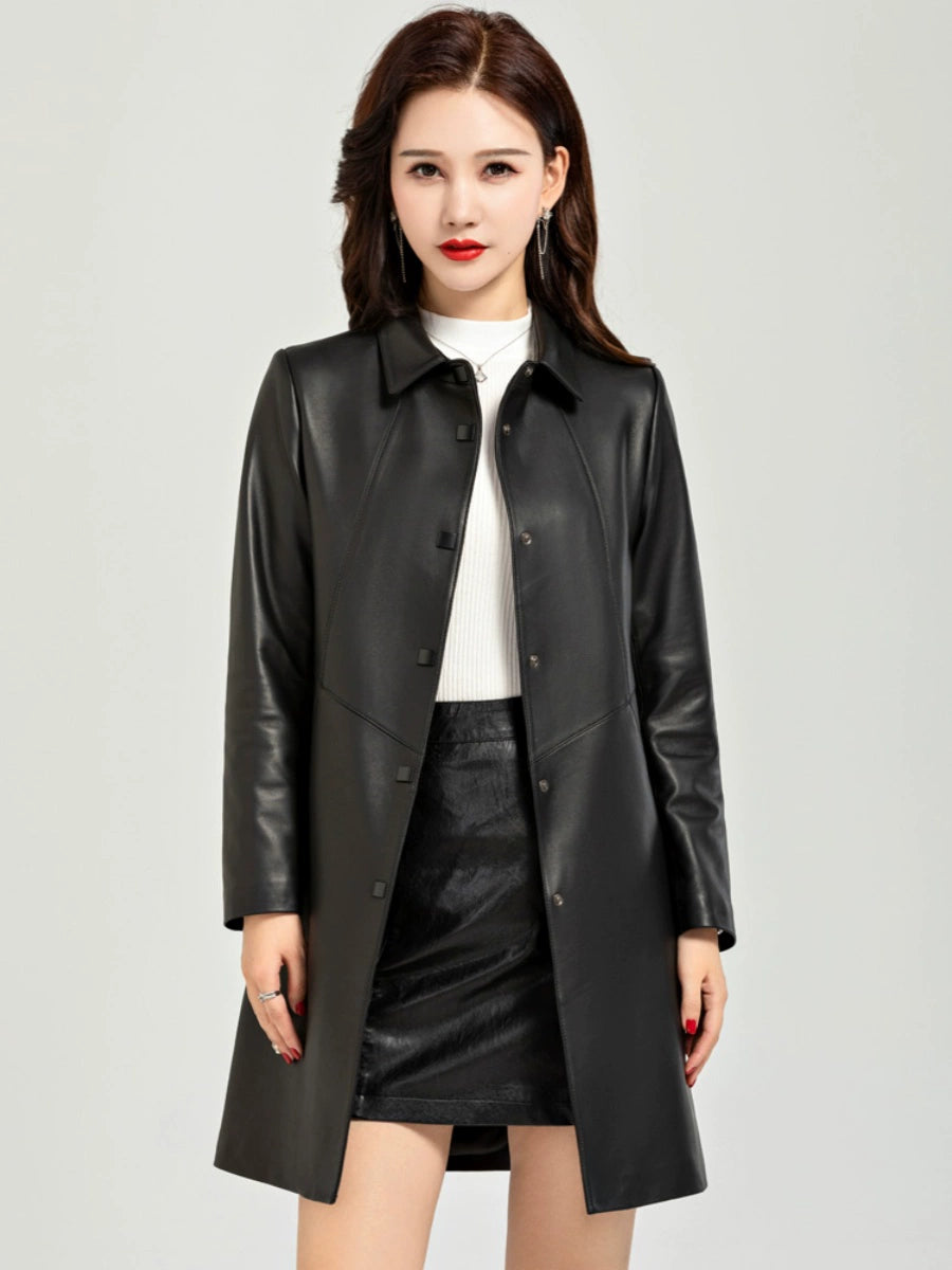 Waist Trimming Casual Haining Ladies Leather Coat