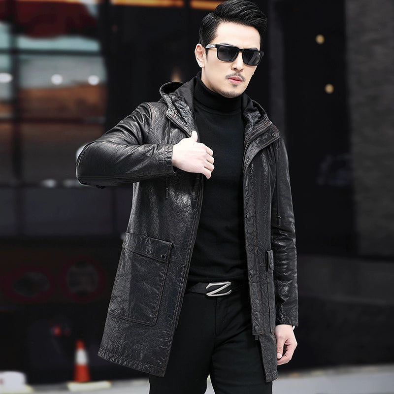 Men's Hooded Trench Coat-Genuine Leather Ai Dun