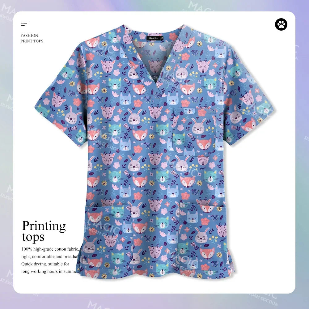 Medical Print Scrub Tops Women Summer Short Sleeve V-neck