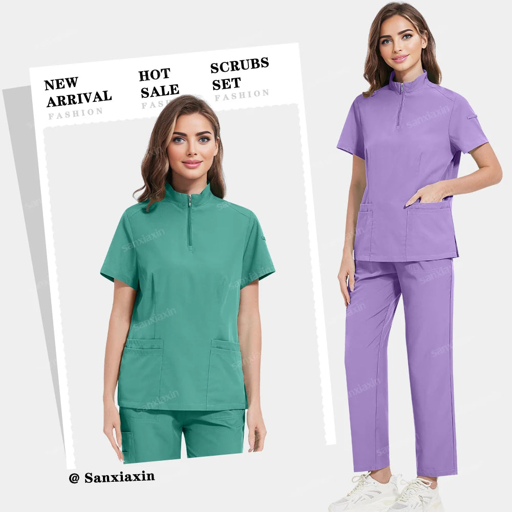 Women's 4-Pocket Zip-Neck Short Sleeve Scrub Top Nurse