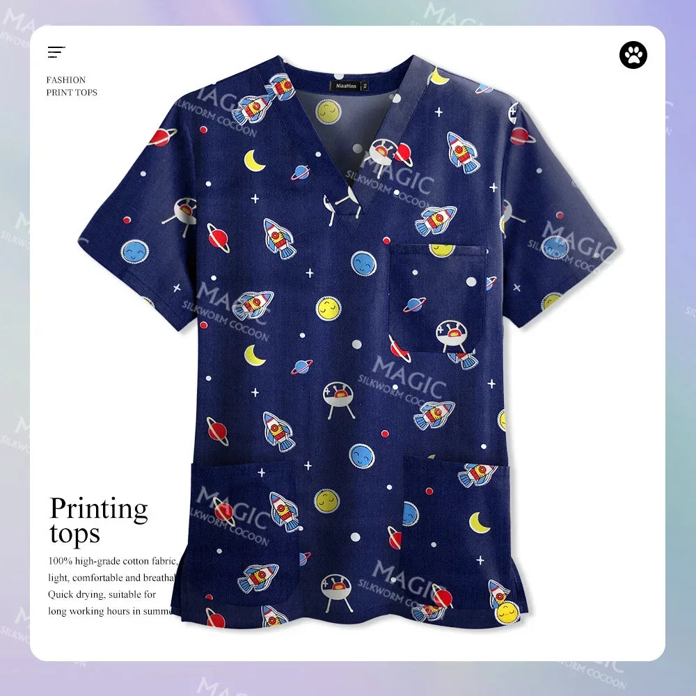 Medical Print Scrub Tops Women Summer Short Sleeve V-neck