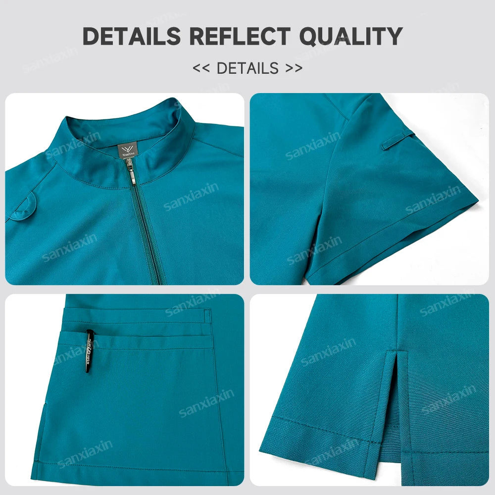 Women's 4-Pocket Zip-Neck Short Sleeve Scrub Top Nurse