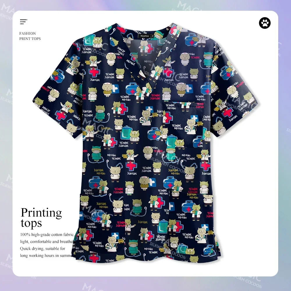 Medical Print Scrub Tops Women Summer Short Sleeve V-neck
