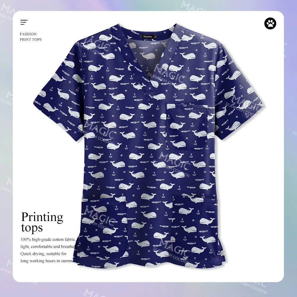 Medical Print Scrub Tops Women Summer Short Sleeve V-neck