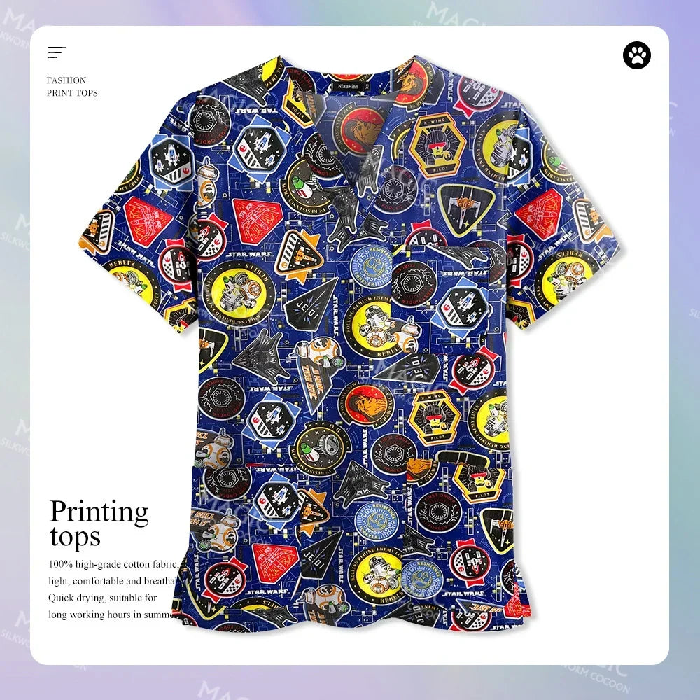Medical Print Scrub Tops Women Summer Short Sleeve V-neck