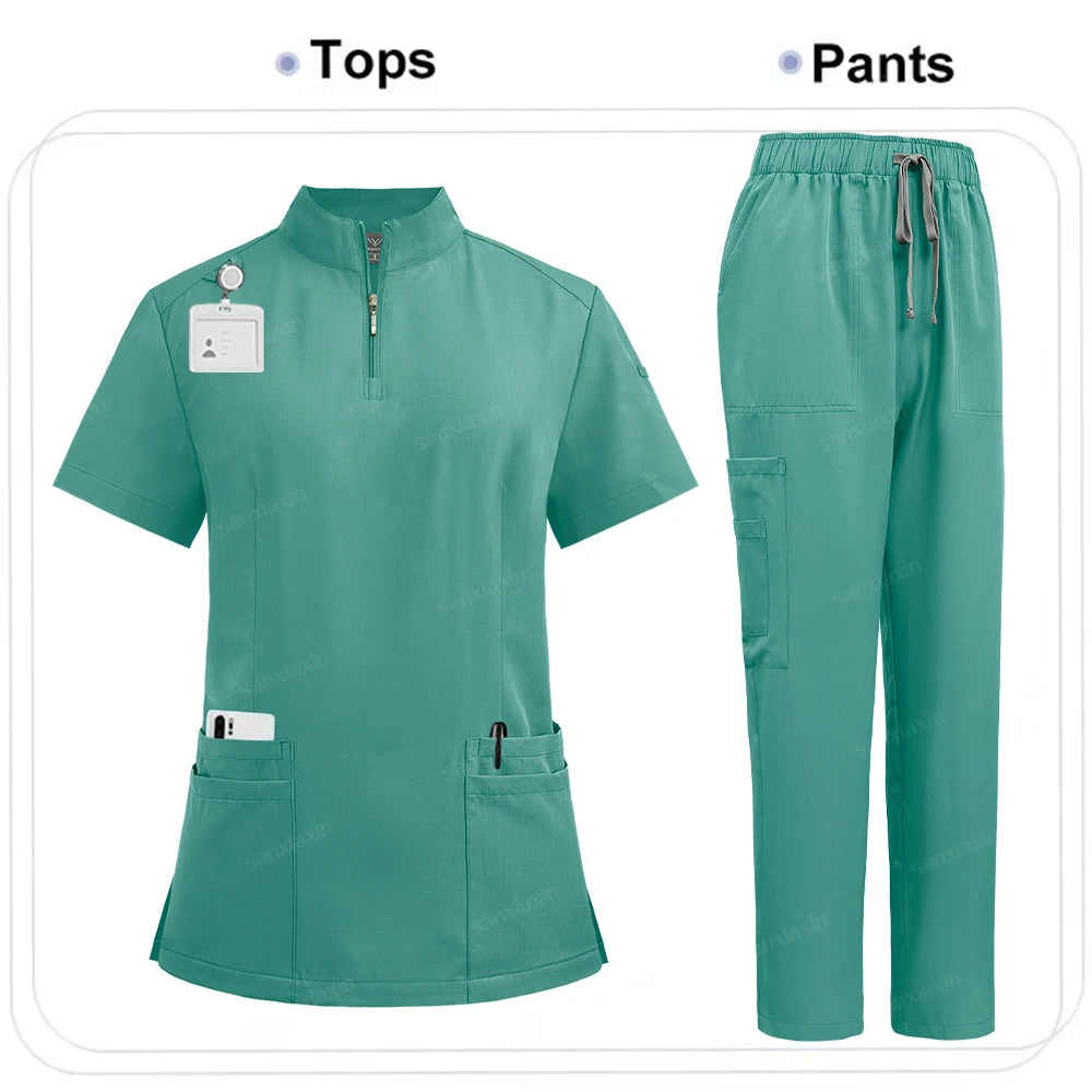 Women's 4-Pocket Zip-Neck Short Sleeve Scrub Top Nurse