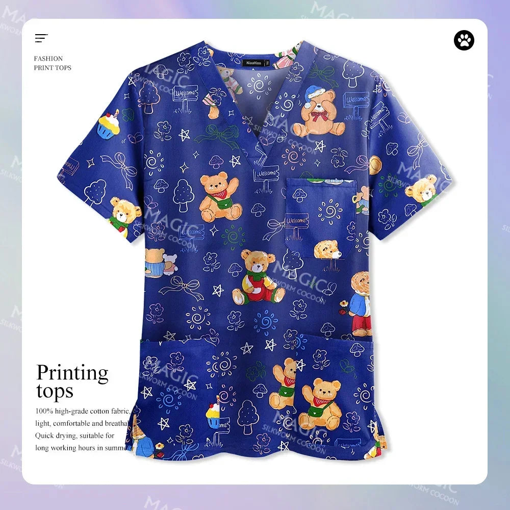 Medical Print Scrub Tops Women Summer Short Sleeve V-neck