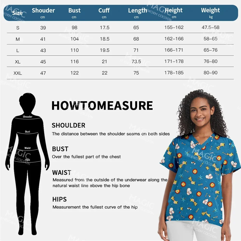 Medical Print Scrub Tops Women Summer Short Sleeve V-neck