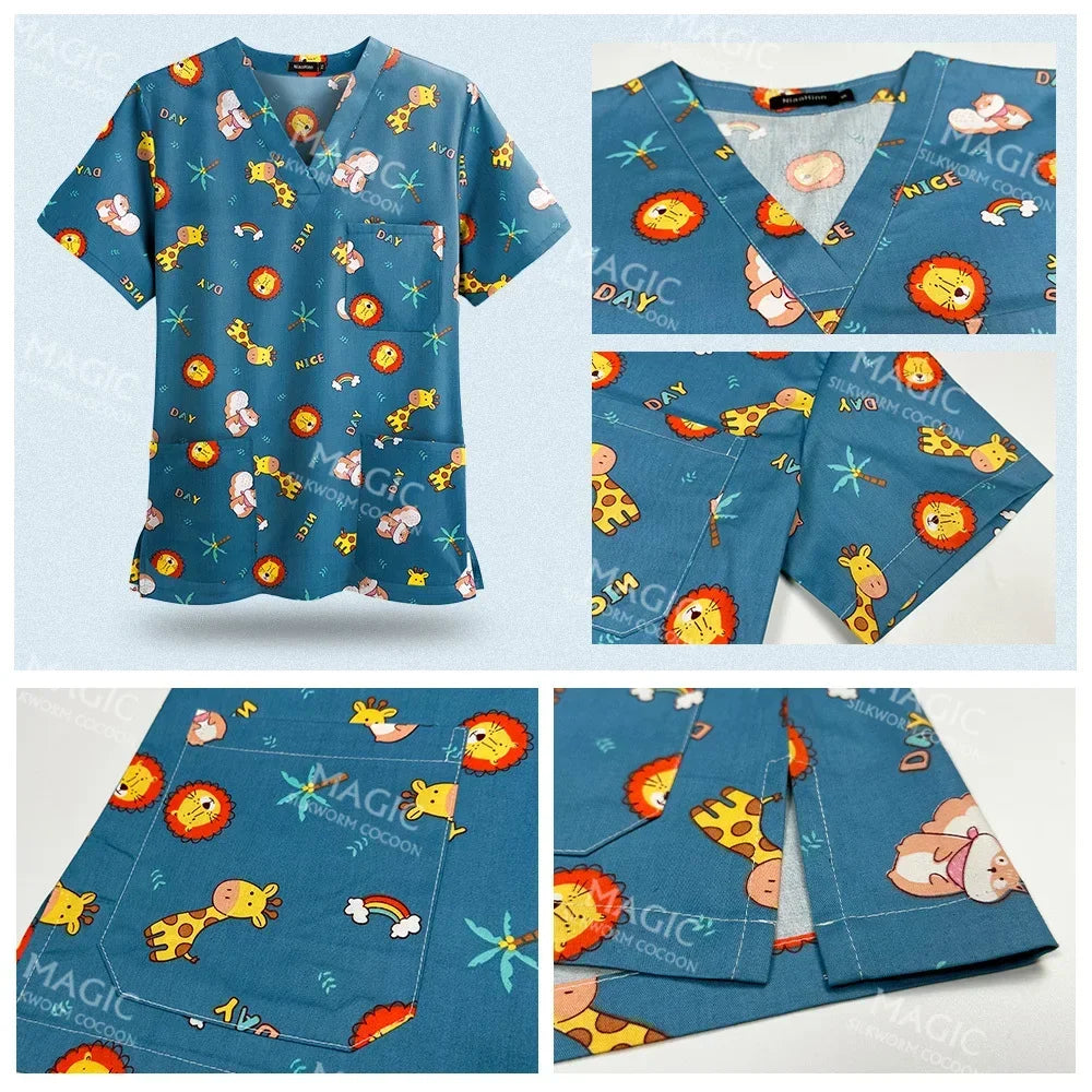 Medical Print Scrub Tops Women Summer Short Sleeve V-neck