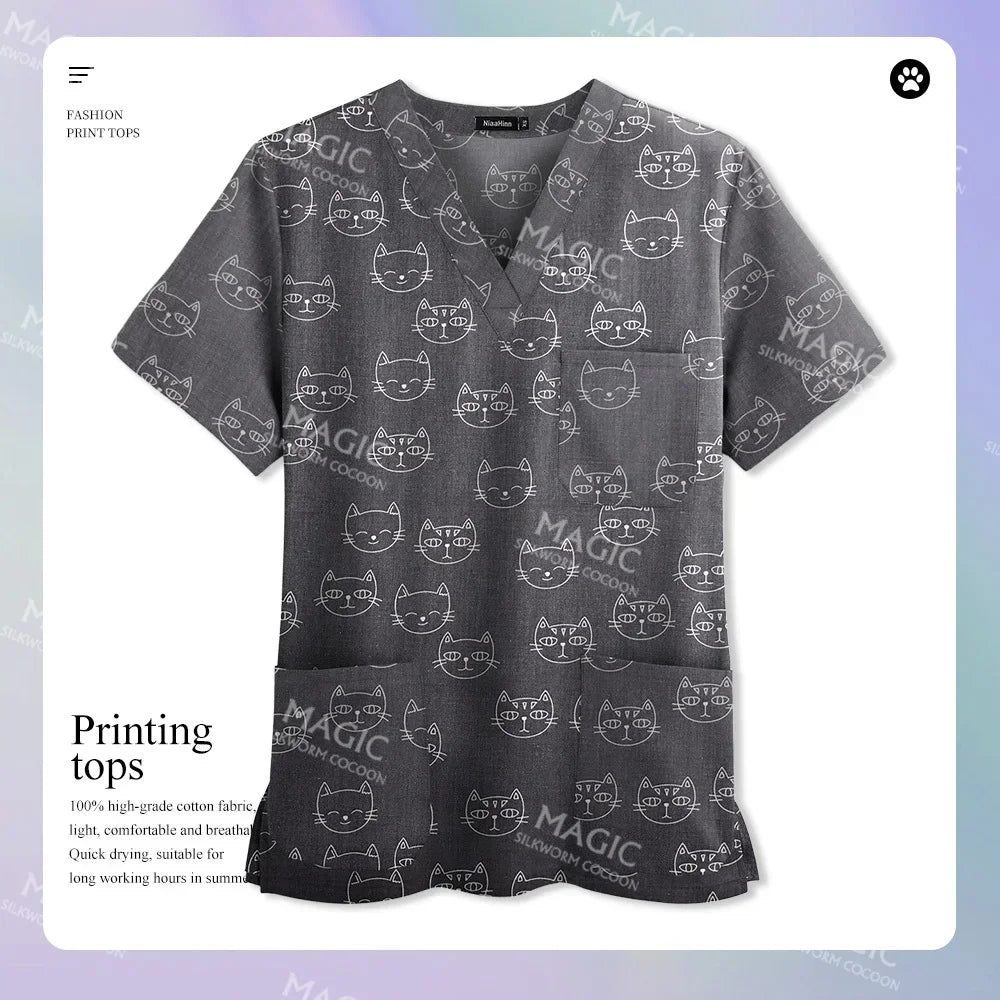 Medical Print Scrub Tops Women Summer Short Sleeve V-neck