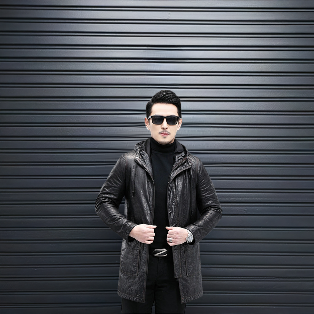 Men's Hooded Trench Coat-Genuine Leather Ai Dun