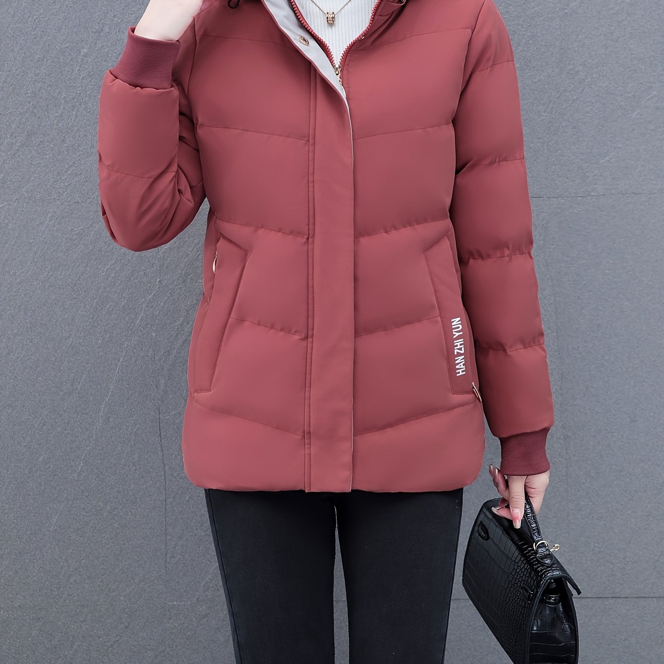 Elegant Puffer Jacket - with Zipper Front & Side Pockets, Long Sleeves