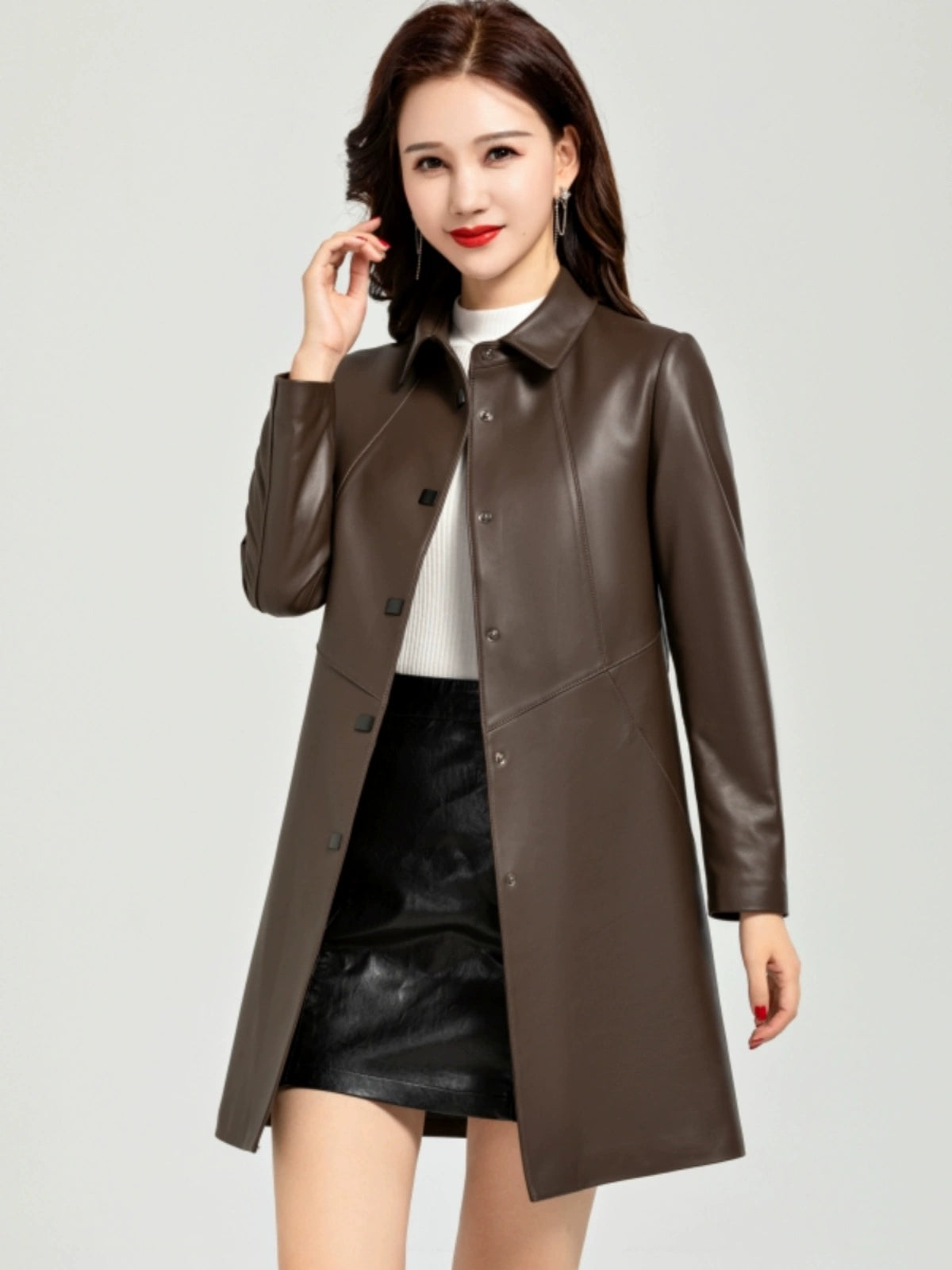 Waist Trimming Casual Haining Ladies Leather Coat