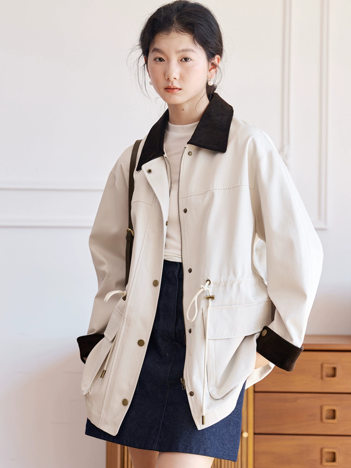 Zimo Waist Drawstring Design Casual Mid Length Trench