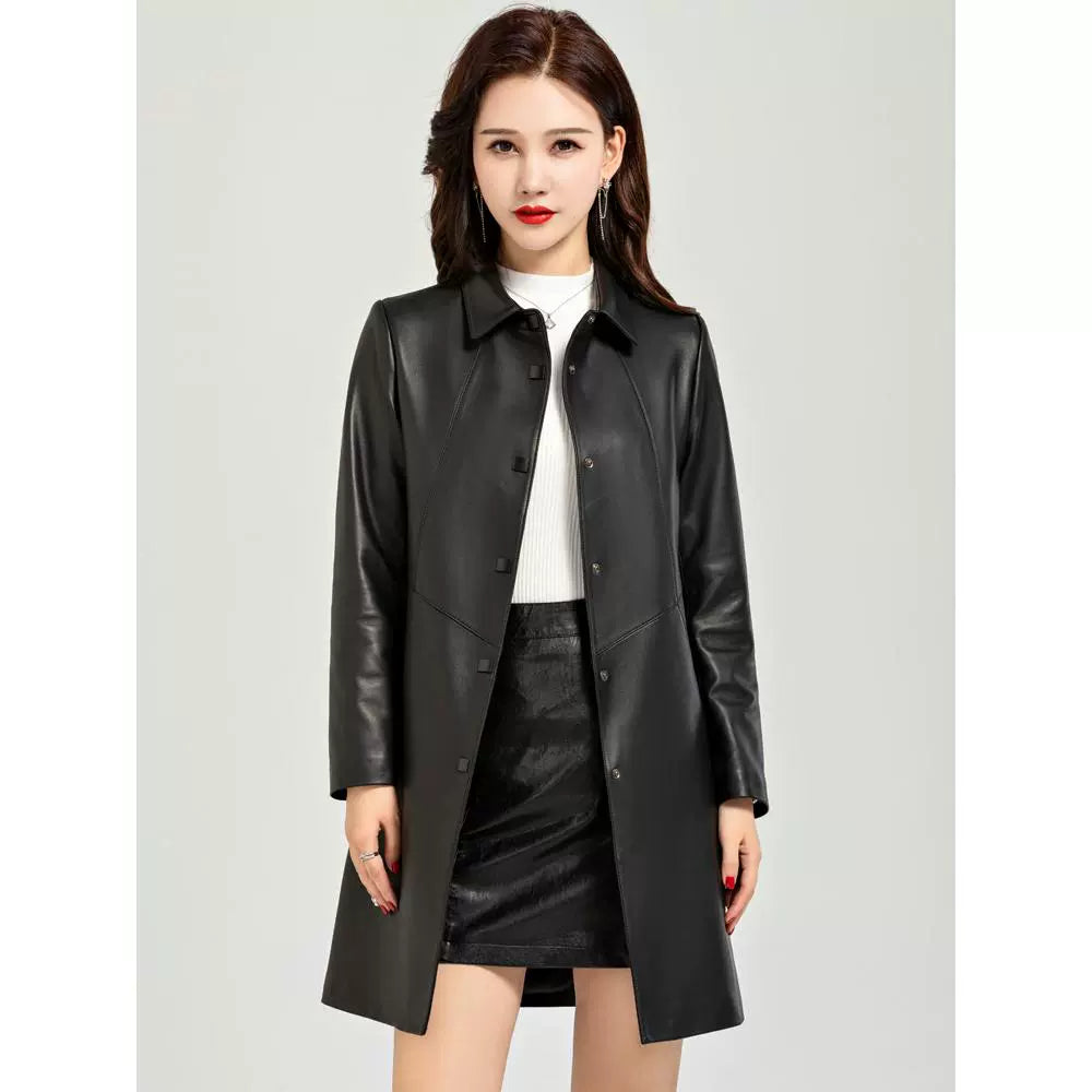 Waist Trimming Casual Haining Ladies Leather Coat