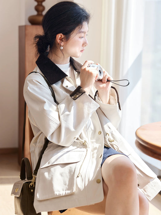 Zimo Waist Drawstring Design Casual Mid Length Trench