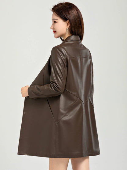 Waist Trimming Casual Haining Ladies Leather Coat