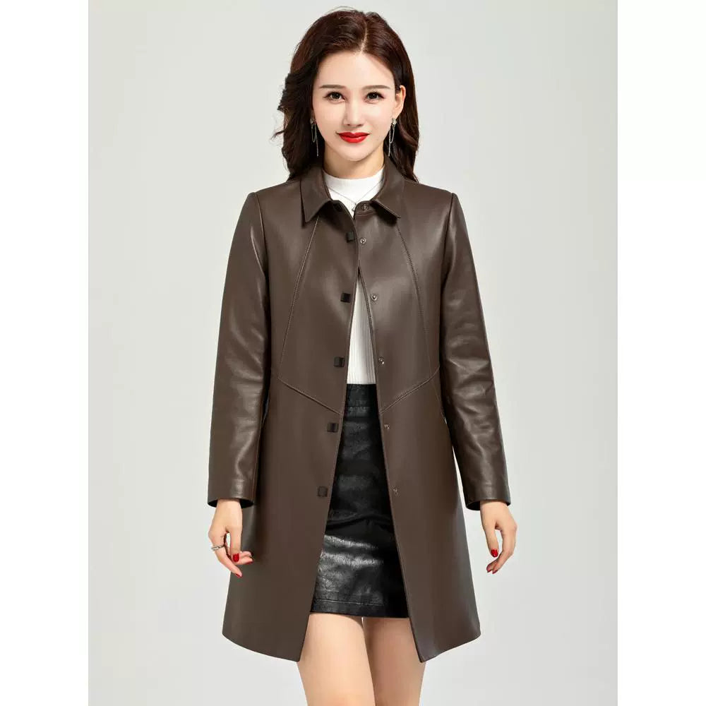 Waist Trimming Casual Haining Ladies Leather Coat