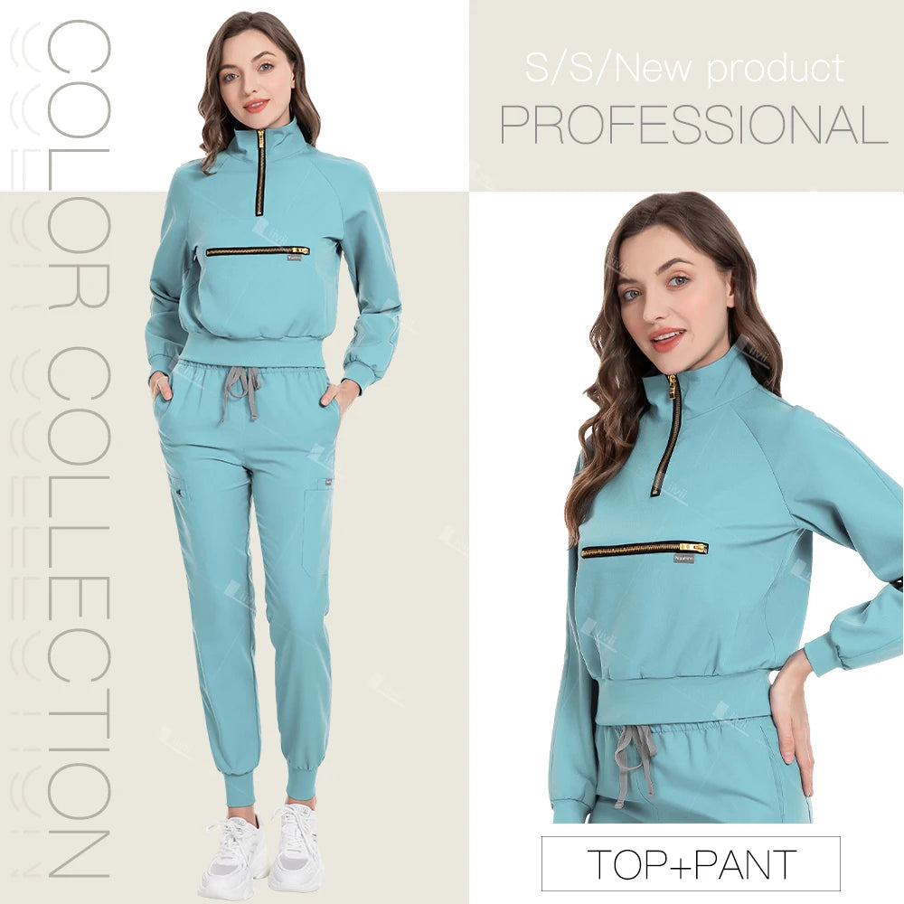 HTTHDD Long Sleeve Spandex Medical Scrub Set Women