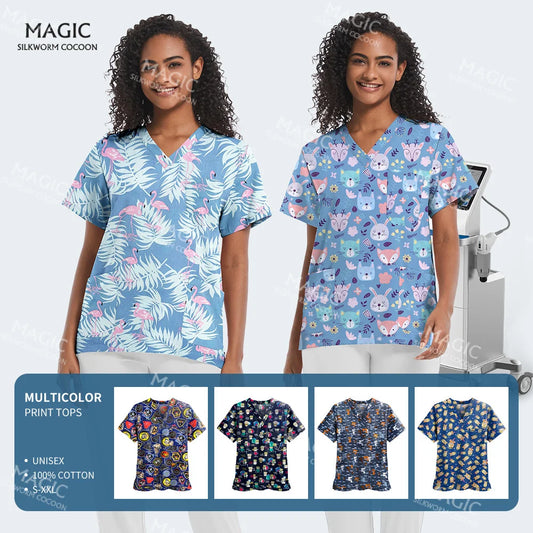 Medical Print Scrub Tops Women Summer Short Sleeve V-neck