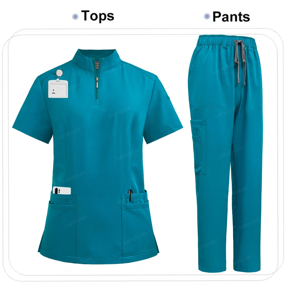 Women's 4-Pocket Zip-Neck Short Sleeve Scrub Top Nurse