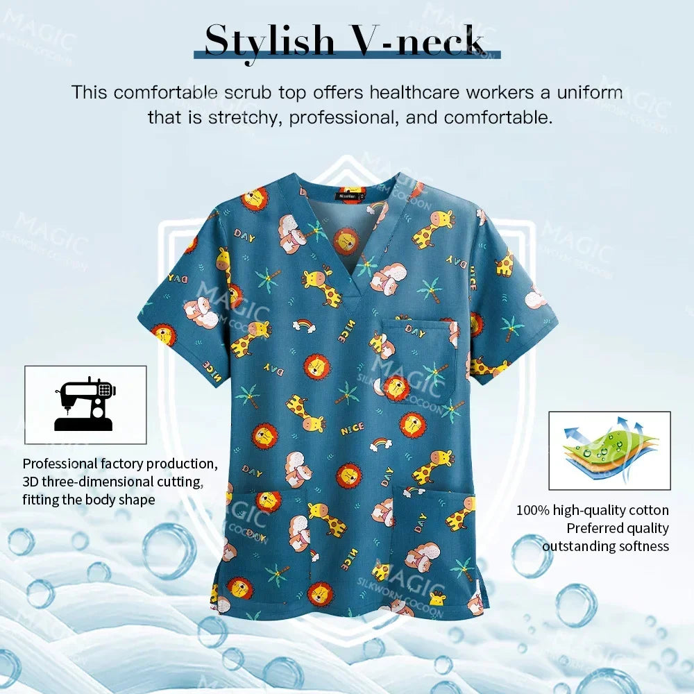 Medical Print Scrub Tops Women Summer Short Sleeve V-neck