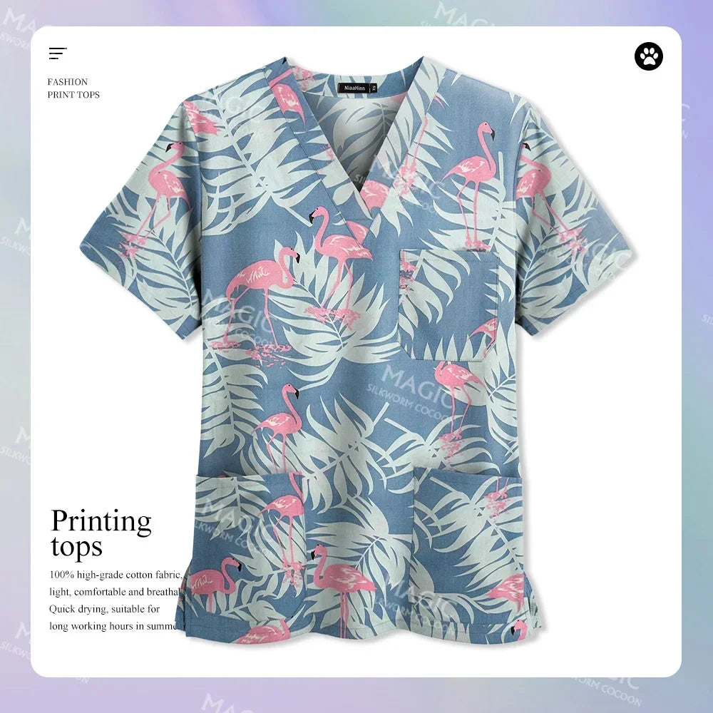 Medical Print Scrub Tops Women Summer Short Sleeve V-neck