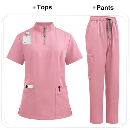 Women's 4-Pocket Zip-Neck Short Sleeve Scrub Top Nurse